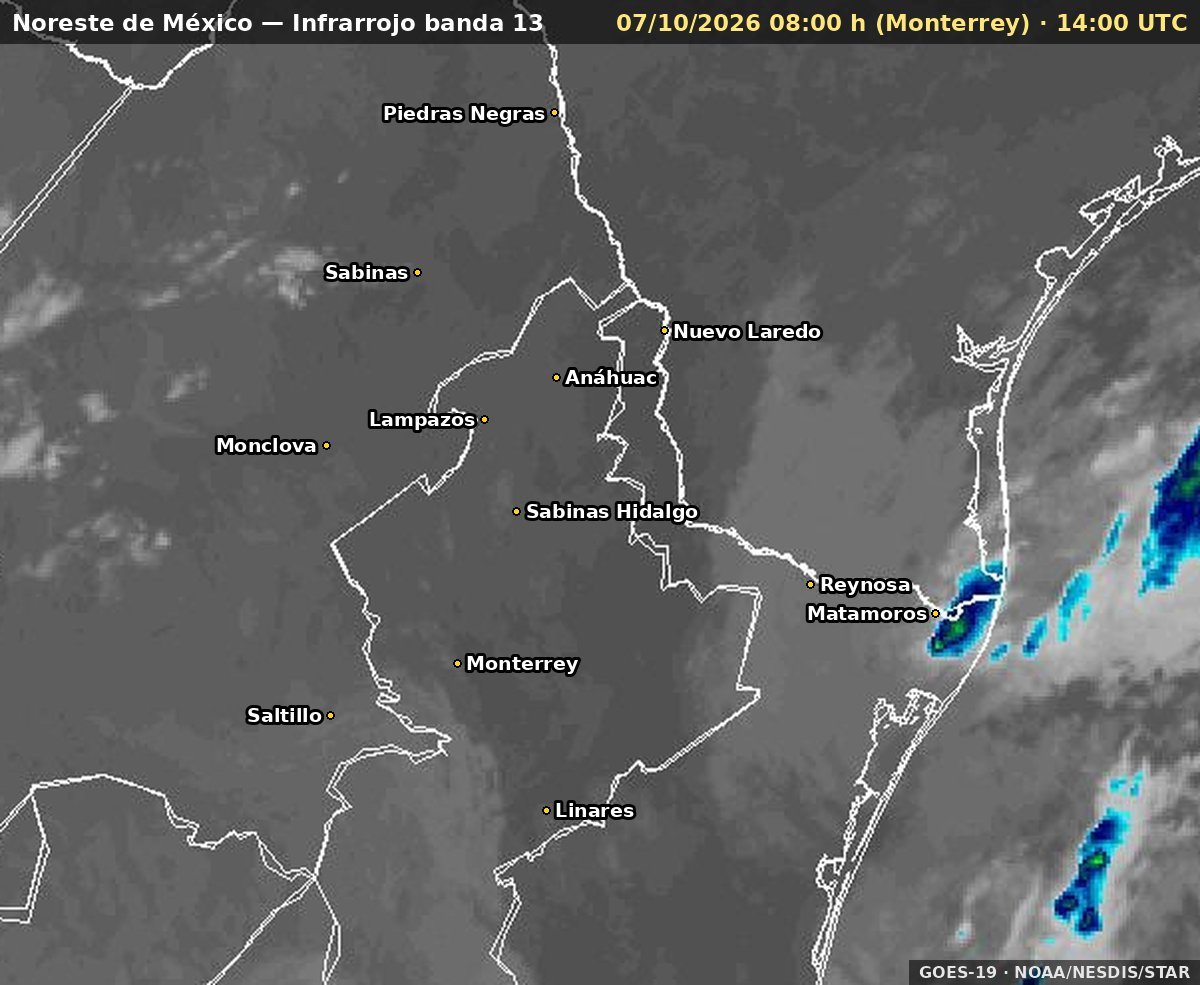 Imagen satelital más reciente: Noreste · Infrarrojo (banda 13)