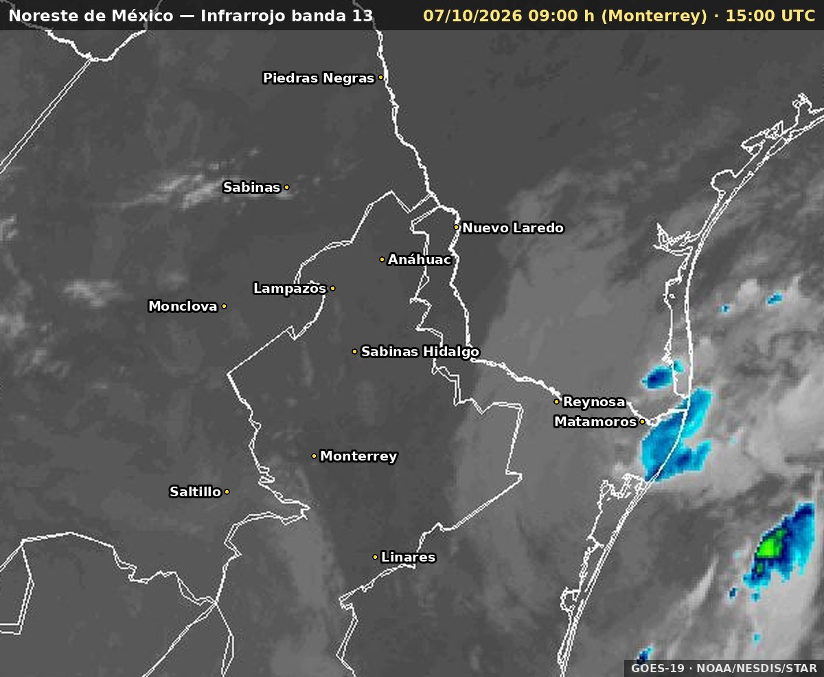 Imagen satelital más reciente: Noreste · Infrarrojo (banda 13)